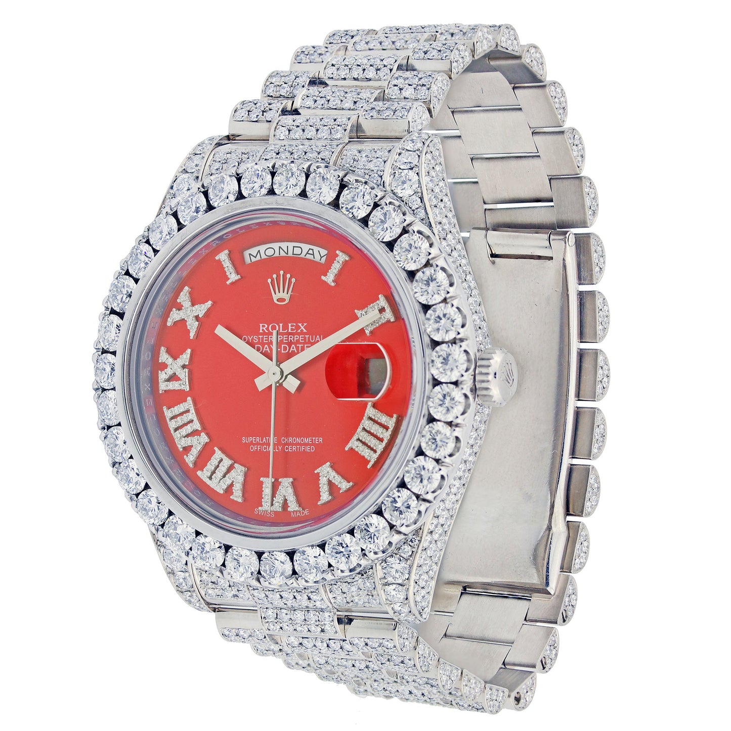 18K White Gold Rolex Diamond Watch, Day Date II 218239 41mm, Red Dial With 20.70CT Diamonds