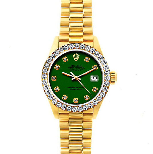 18k Yellow Gold Rolex Datejust Diamond Watch, 26mm, President Bracelet Green Dial w/ Diamond Bezel