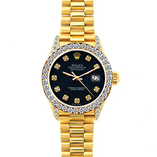 18k Yellow Gold Rolex Datejust Diamond Watch, 26mm, President Bracelet Bokara Grey Dial w/ Diamond Bezel and Lugs