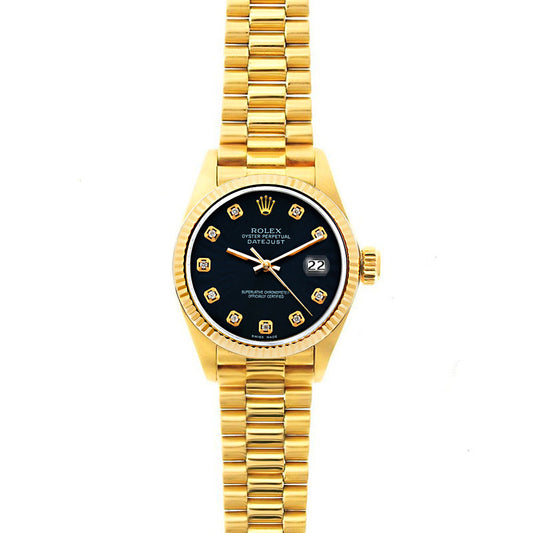 Rolex Datejust 26mm 18k Yellow Gold President Bracelet Black Dial