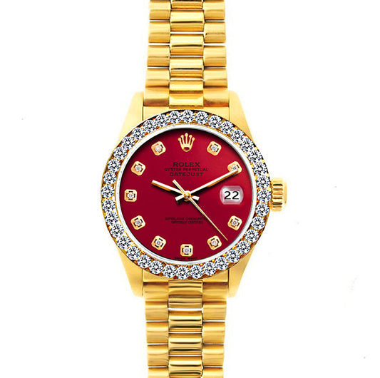 18k Yellow Gold Rolex Datejust Diamond Watch, 26mm, President Bracelet Cardinal Dial w/ Diamond Bezel