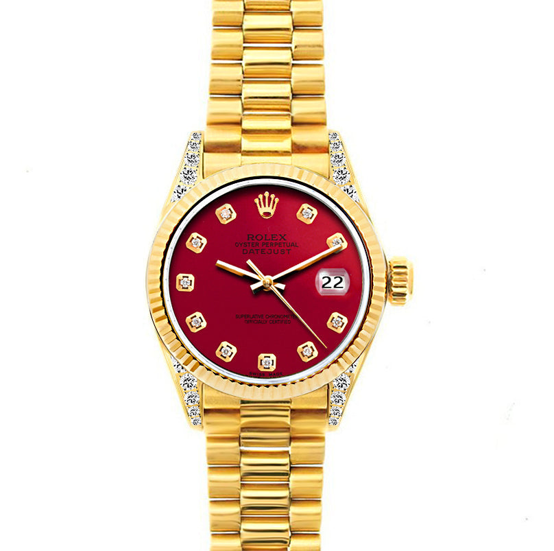 18k Yellow Gold Rolex Datejust Diamond Watch, 26mm, President Bracelet  Red Dial w/ Diamond Lugs