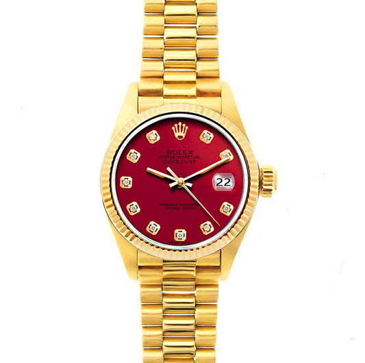 Rolex Datejust 26mm 18k Yellow Gold President Bracelet Red Dial