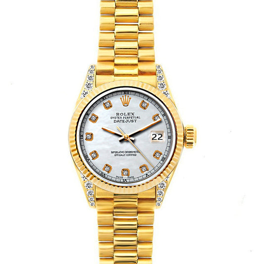 18k Yellow Gold Rolex Datejust Diamond Watch, 26mm, President Bracelet Old Lace Dial w/ Diamond Lugs