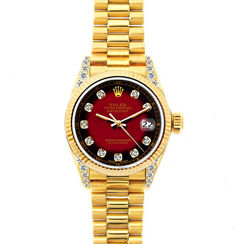 18k Yellow Gold Rolex Datejust Diamond Watch, 26mm, President Bracelet Red and Black Dial w/ Diamond Lugs