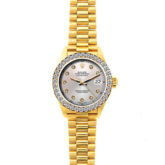 18k Yellow Gold Rolex Datejust Diamond Watch, 26mm, President Bracelet Silver Dial w/ Diamond Bezel