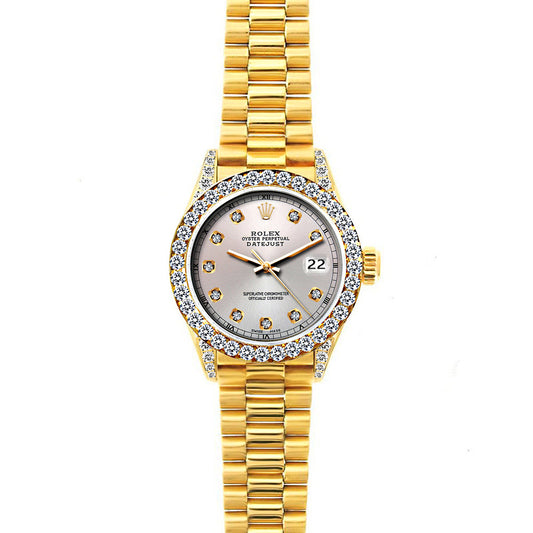 18k Yellow Gold Rolex Datejust Diamond Watch, 26mm, President Bracelet Echo Blue w/ Diamond Bezel and Lugs