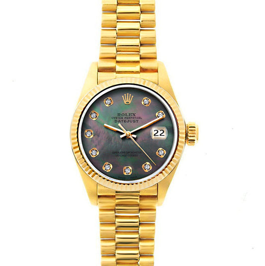 Rolex Datejust 26mm 18k Yellow Gold President Bracelet Black Mother of Pearl Dial