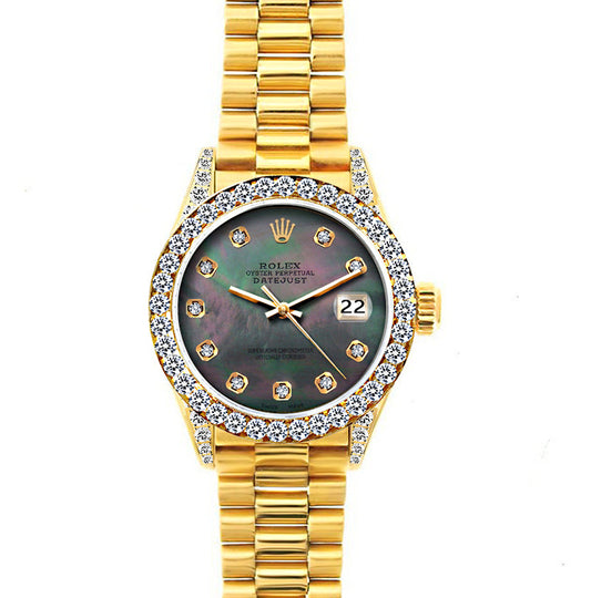 18k Yellow Gold Rolex Datejust Diamond Watch, 26mm, President Bracelet Black Mother of Pearl Dial w/ Diamond Bezel and Lugs