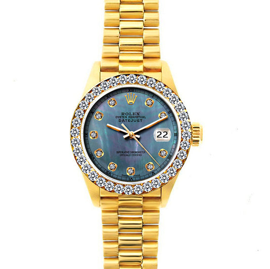 18k Yellow Gold Rolex Datejust Diamond Watch, 26mm, President Bracelet Blue Mother of Pearl Dial w/ Diamond Bezel