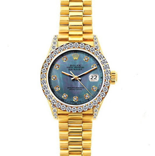 18k Yellow Gold Rolex Datejust Diamond Watch, 26mm, President Bracelet Pearl Blue Dial w/ Diamond Bezel and Lugs