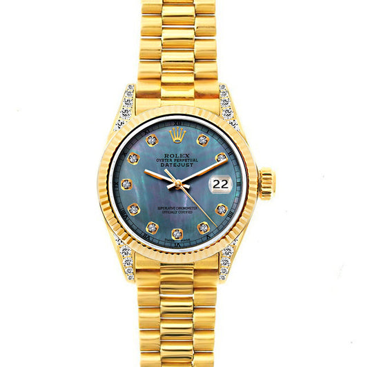 18k Yellow Gold Rolex Datejust Diamond Watch, 26mm, President Bracelet Pearl Blue Dial w/ Diamond Lugs