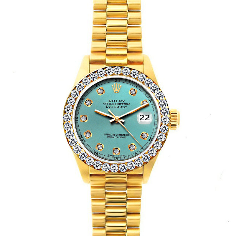 18k Yellow Gold Rolex Datejust Diamond Watch, 26mm, President Bracelet Blue Green Dial w/ Diamond Bezel