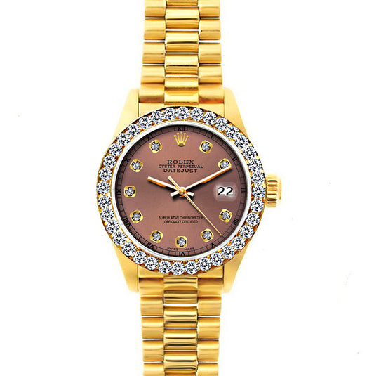 18k Yellow Gold Rolex Datejust Diamond Watch, 26mm, President Bracelet Brown Dial w/ Diamond Bezel