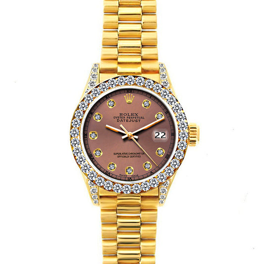 18k Yellow Gold Rolex Datejust Diamond Watch, 26mm, President Bracelet Earthern Dial w/ Diamond Bezel and Lugs