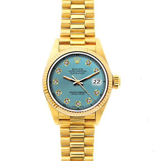 Rolex Datejust 26mm 18k Yellow Gold President Bracelet Ice Blue Dial