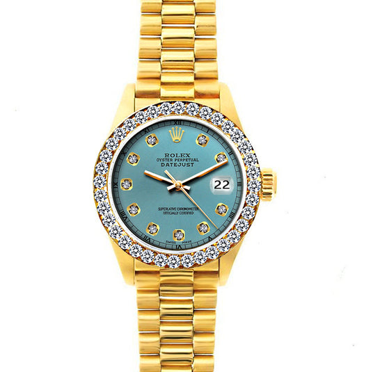 18k Yellow Gold Rolex Datejust Diamond Watch, 26mm, President Bracelet Ice Blue Dial w/ Diamond Bezel