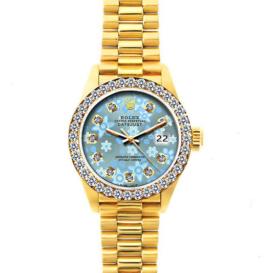 18k Yellow Gold Rolex Datejust Diamond Watch, 26mm, President Bracelet Ice Blue Flower Dial w/ Diamond Bezel