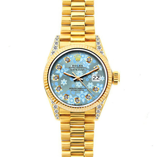 18k Yellow Gold Rolex Datejust Diamond Watch, 26mm, President Bracelet Ice Blue Flower Dial w/ Diamond Lugs