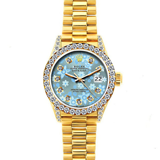 18k Yellow Gold Rolex Datejust Diamond Watch, 26mm, President Bracelet Ice Blue Flower Dial w/ Diamond Bezel and Lugs