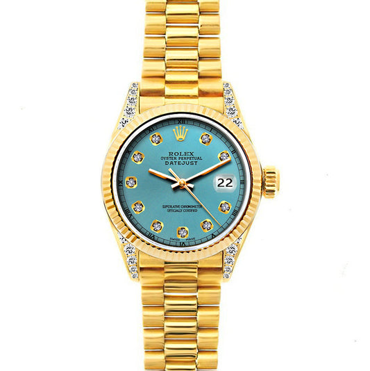 18k Yellow Gold Rolex Datejust Diamond Watch, 26mm, President Bracelet Ice Blue Dial w/ Diamond Lugs