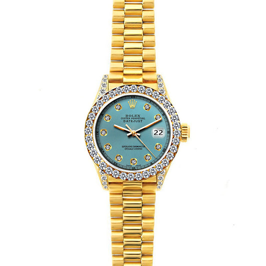 18k Yellow Gold Rolex Datejust Diamond Watch, 26mm, President Bracelet Ice Blue Dial w/ Diamond Bezel and Lugs