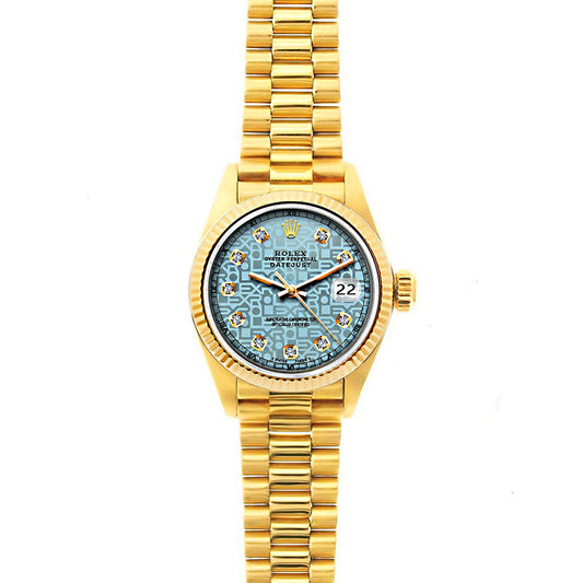 Rolex Datejust 26mm 18k Yellow Gold President Bracelet Ice Blue Rolex Dial