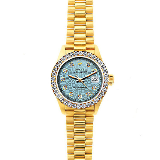 18k Yellow Gold Rolex Datejust Diamond Watch, 26mm, President Bracelet Ice Blue Rolex Dial w/ Diamond Bezel