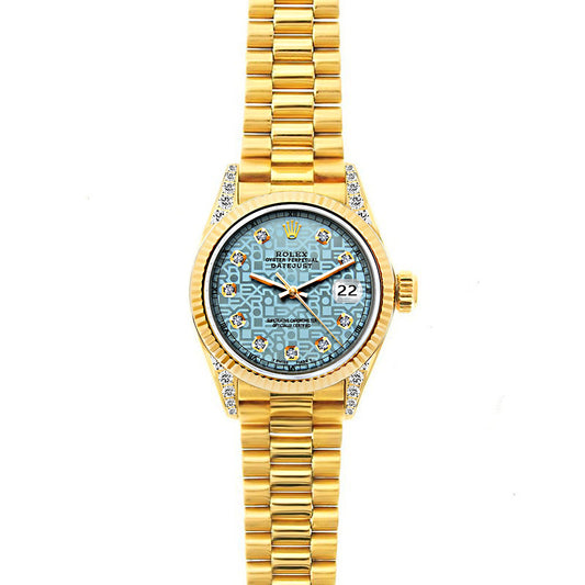 18k Yellow Gold Rolex Datejust Diamond Watch, 26mm, President Bracelet Ice Blue Rolex Dial w/ Diamond Lugs