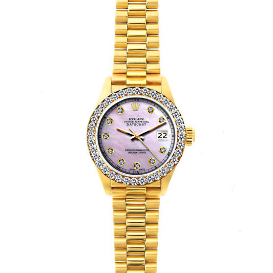 18k Yellow Gold Rolex Datejust Diamond Watch, 26mm, President Bracelet Pink Dial w/ Diamond Bezel