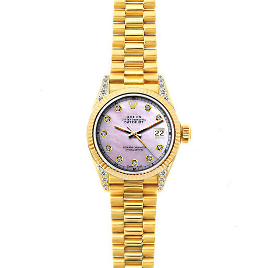 18k Yellow Gold Rolex Datejust Diamond Watch, 26mm, President Bracelet Pink Dial w/ Diamond Lugs