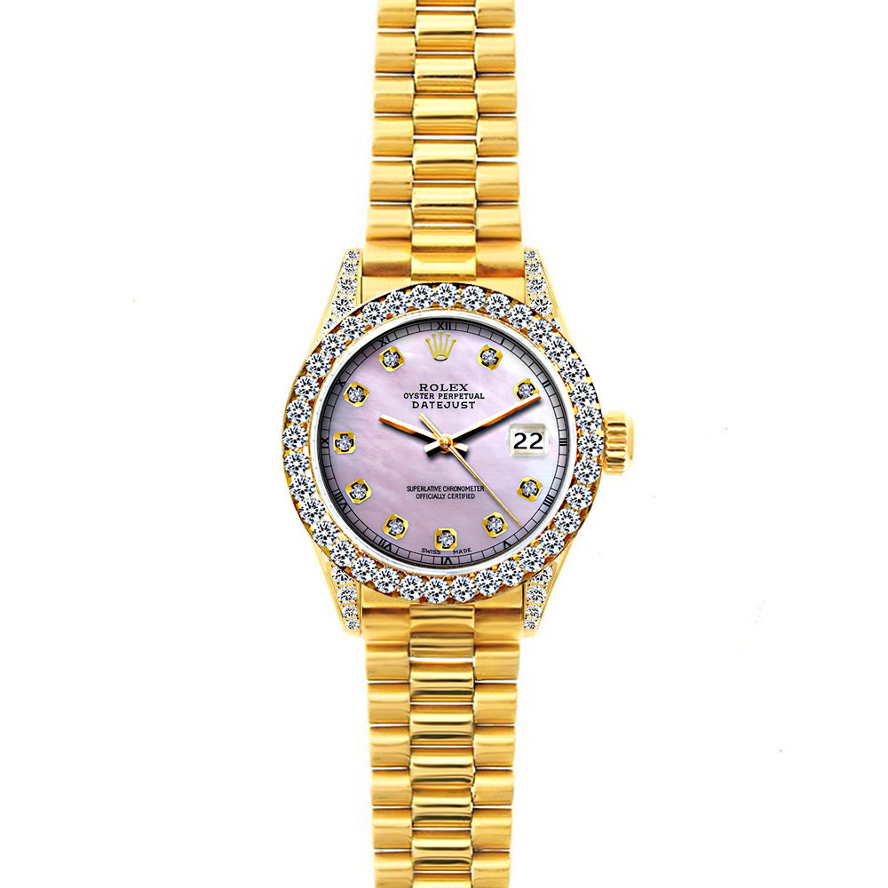 18k Yellow Gold Rolex Datejust Diamond Watch, 26mm, President Bracelet Pink Dial w/ Diamond Bezel and Lugs