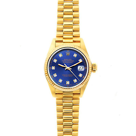 Rolex Datejust 26mm 18k Yellow Gold President Bracelet Midnight Blue Dial