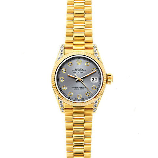 18k Yellow Gold Rolex Datejust Diamond Watch, 26mm, President Bracelet Gray Dial w/ Diamond Lugs