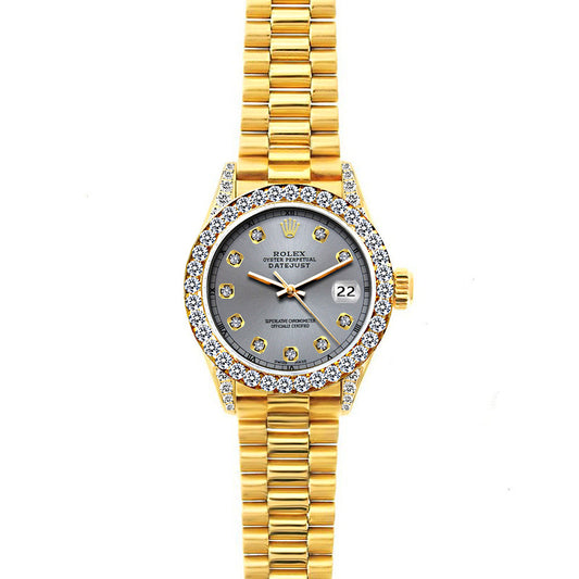 18k Yellow Gold Rolex Datejust Diamond Watch, 26mm, President Bracelet Gray Dial w/ Diamond Bezel and Lugs