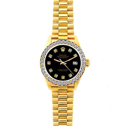 18k Yellow Gold Rolex Datejust Diamond Watch, 26mm, President Bracelet Black Dial w/ Diamond Bezel