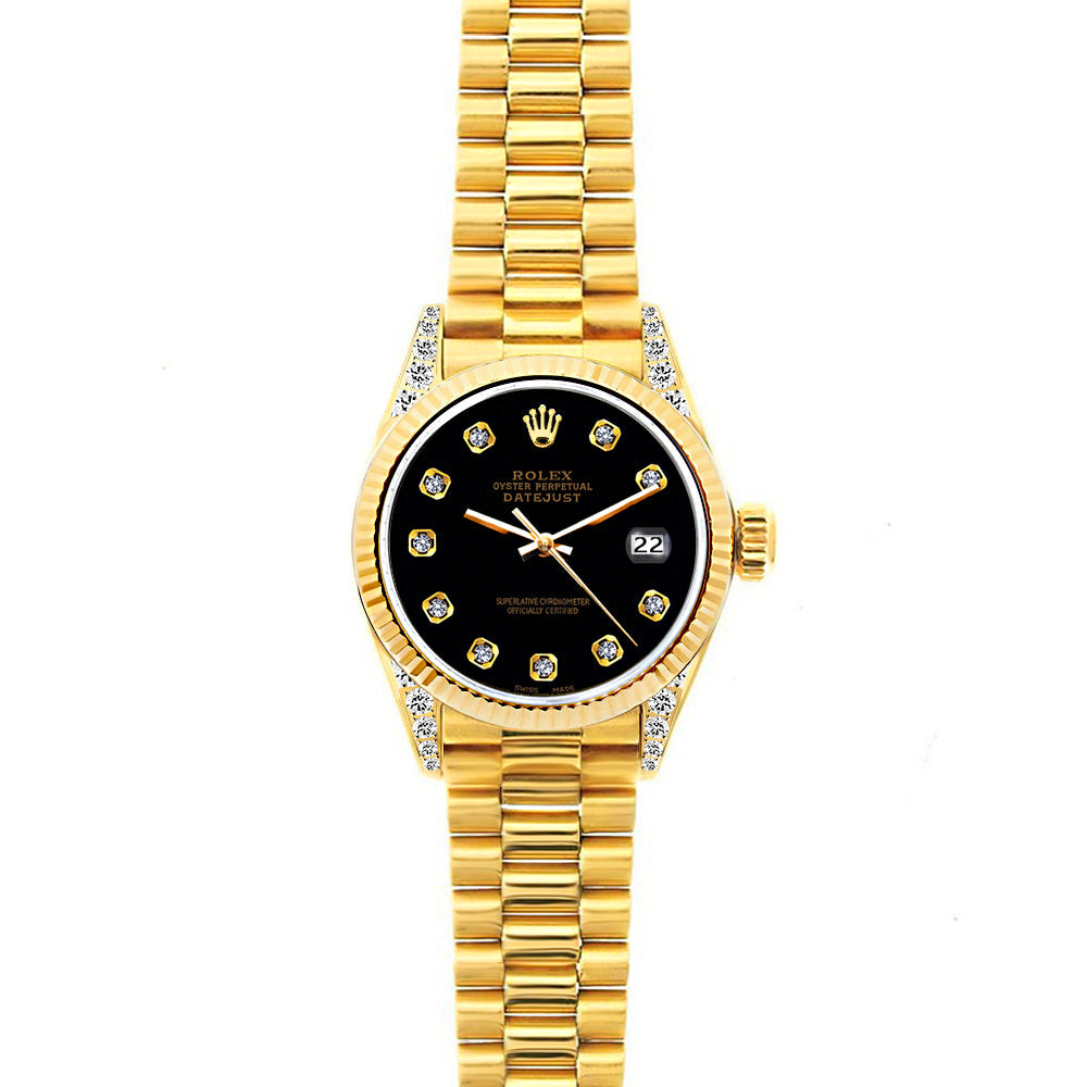 18k Yellow Gold Rolex Datejust Diamond Watch, 26mm, President Bracelet Black Dial w/ Diamond Lugs