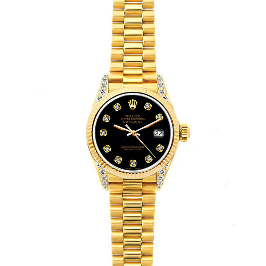 18k Yellow Gold Rolex Datejust Diamond Watch, 26mm, President Bracelet Black Dial w/ Diamond Lugs