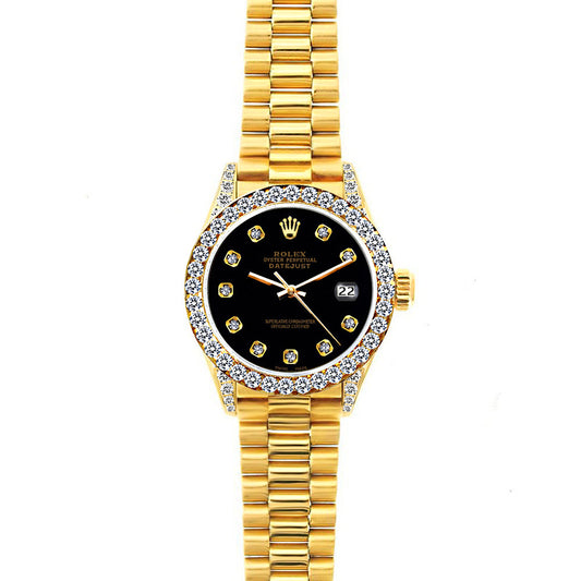 18k Yellow Gold Rolex Datejust Diamond Watch, 26mm, President Bracelet Black Dial w/ Diamond Bezel and Lugs