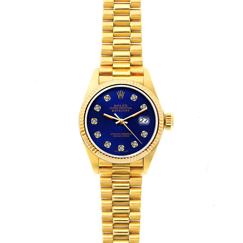 Rolex Datejust 26mm 18k Yellow Gold President Bracelet Ultramarine Dial