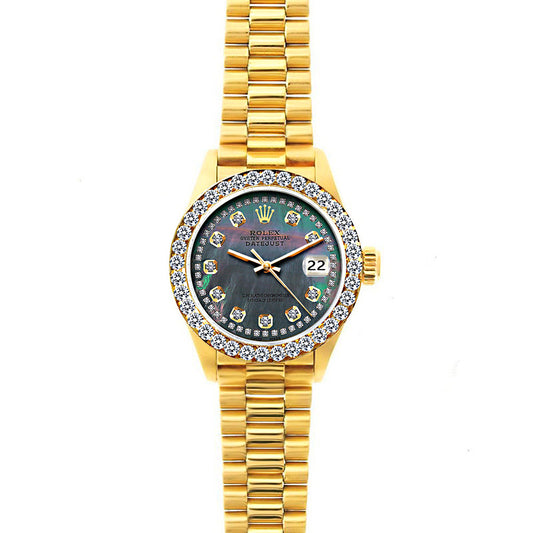 18k Yellow Gold Rolex Datejust Diamond Watch, 26mm, President Bracelet Mother of Pearl Dial w/ Diamond Bezel