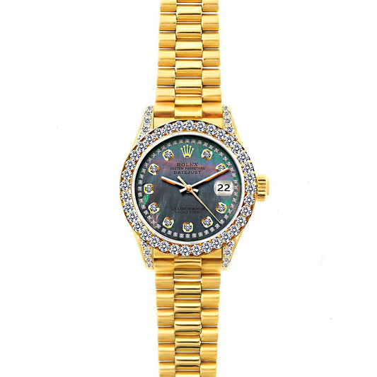 18k Yellow Gold Rolex Datejust Diamond Watch, 26mm, President Bracelet Mother of Pearl Dial w/ Diamond Bezel and Lugs