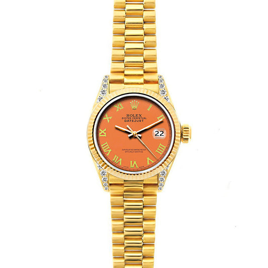 18k Yellow Gold Rolex Datejust Diamond Watch, 26mm, President Bracelet Orange Dial w/ Diamond Lugs