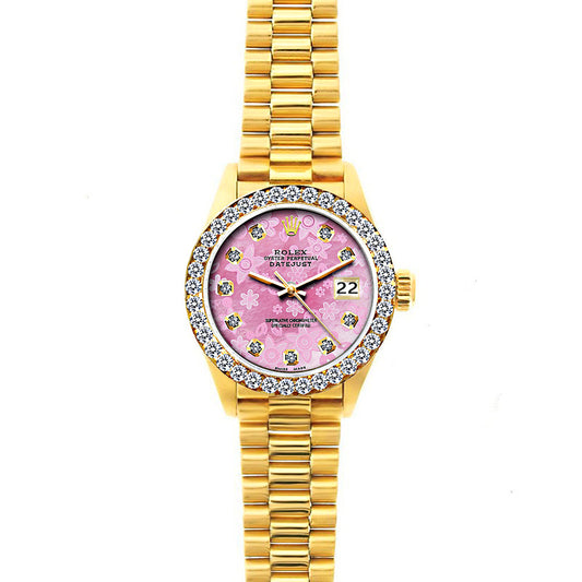 18k Yellow Gold Rolex Datejust Diamond Watch, 26mm, President Bracelet Pink Flower Dial w/ Diamond Bezel