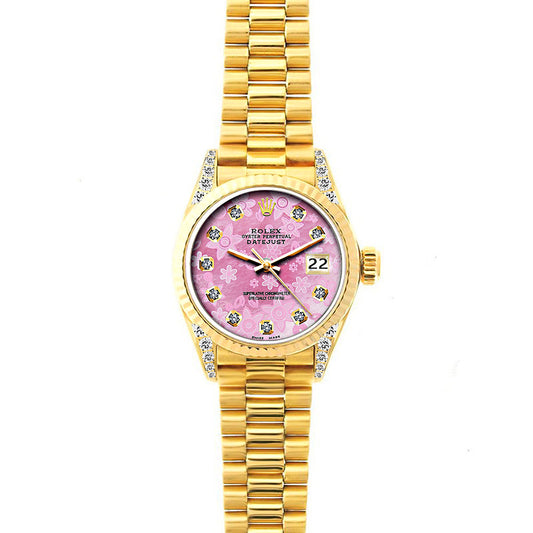 18k Yellow Gold Rolex Datejust Diamond Watch, 26mm, President Bracelet Pink Flower Dial w/ Diamond Lugs