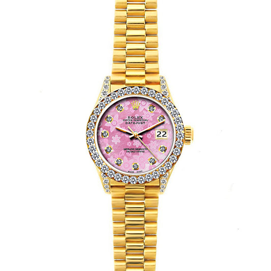 18k Yellow Gold Rolex Datejust Diamond Watch, 26mm, President Bracelet Pink Flower Dial w/ Diamond Bezel and Lugs