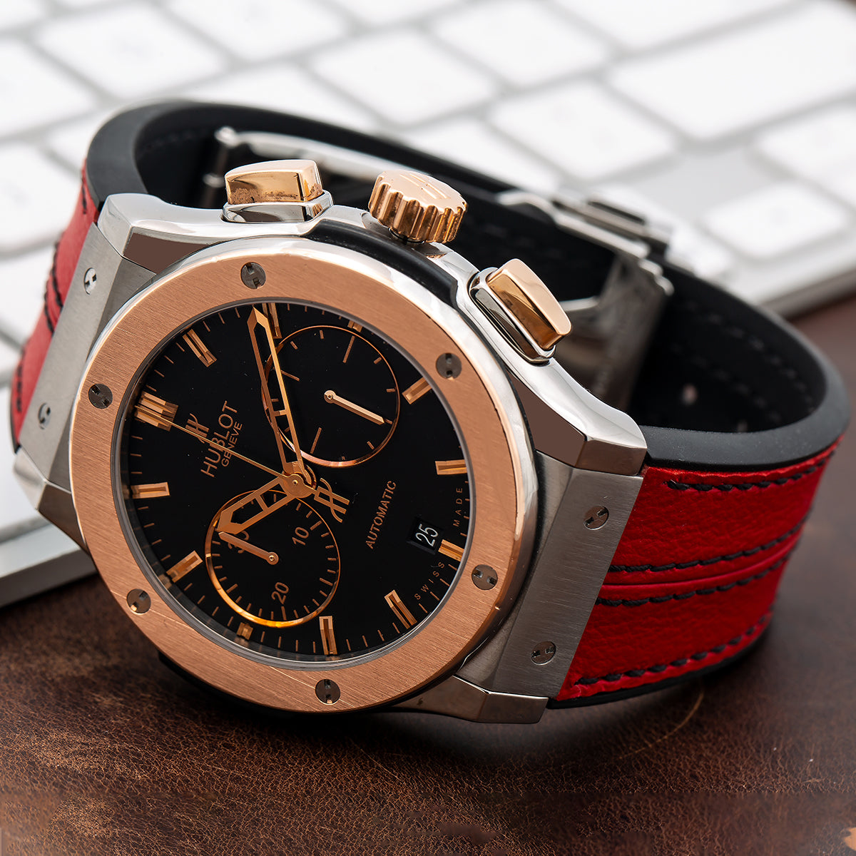 Hublot Classic Fusion Chronograph 521.NO.1181.LR 45MM Black Dial With Red Leather Bracelet-Hublot-JD Watches NY