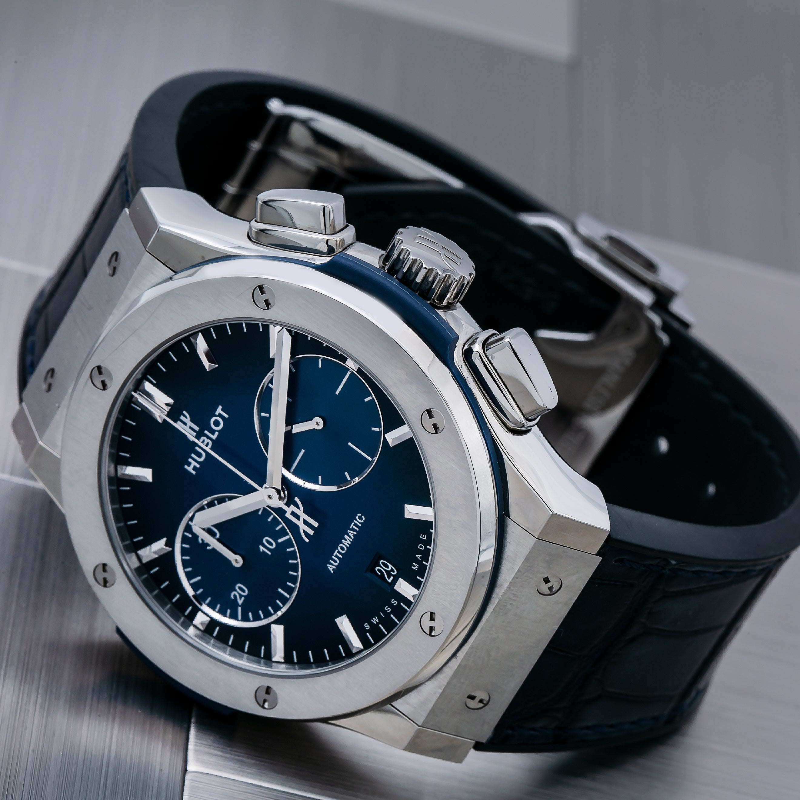 Hublot Classic Fusion Chronograph 521.NX.7170.LR 45MM Blue Dial With Crocodile Skin Bracelet-Hublot-JD Watches NY
