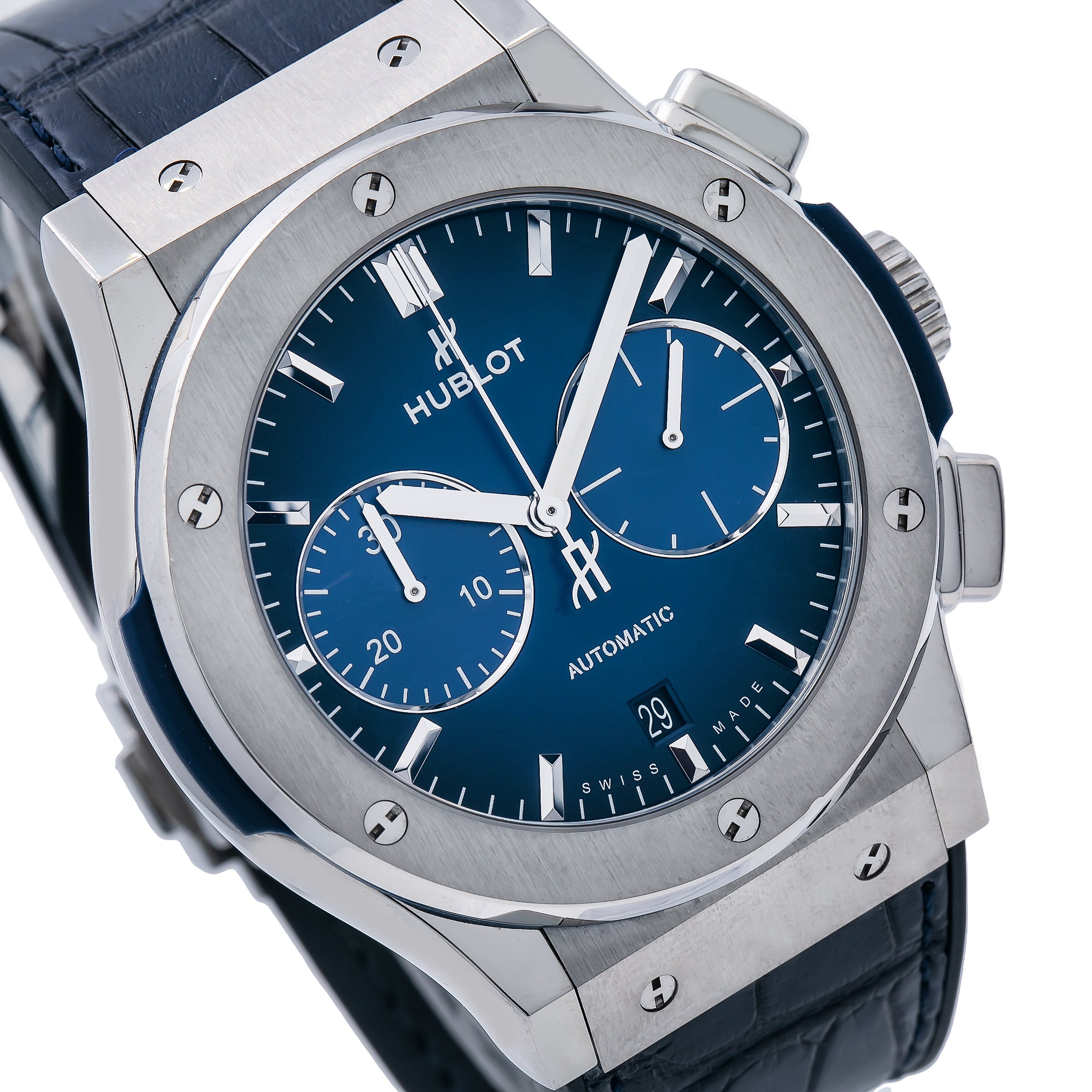 Hublot Classic Fusion Chronograph 521.NX.7170.LR 45MM Blue Dial With Crocodile Skin Bracelet-Hublot-JD Watches NY