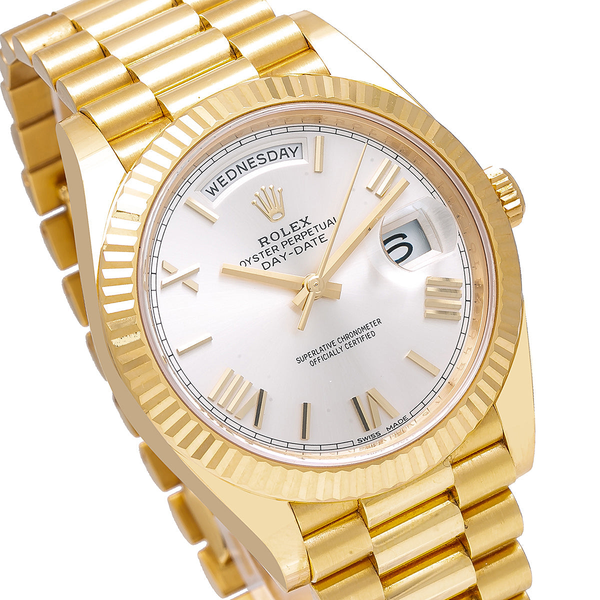 Rolex Day Date 40 Yellow Gold President Silver Roman Dial 218238-Rolex-JD Watches NY
